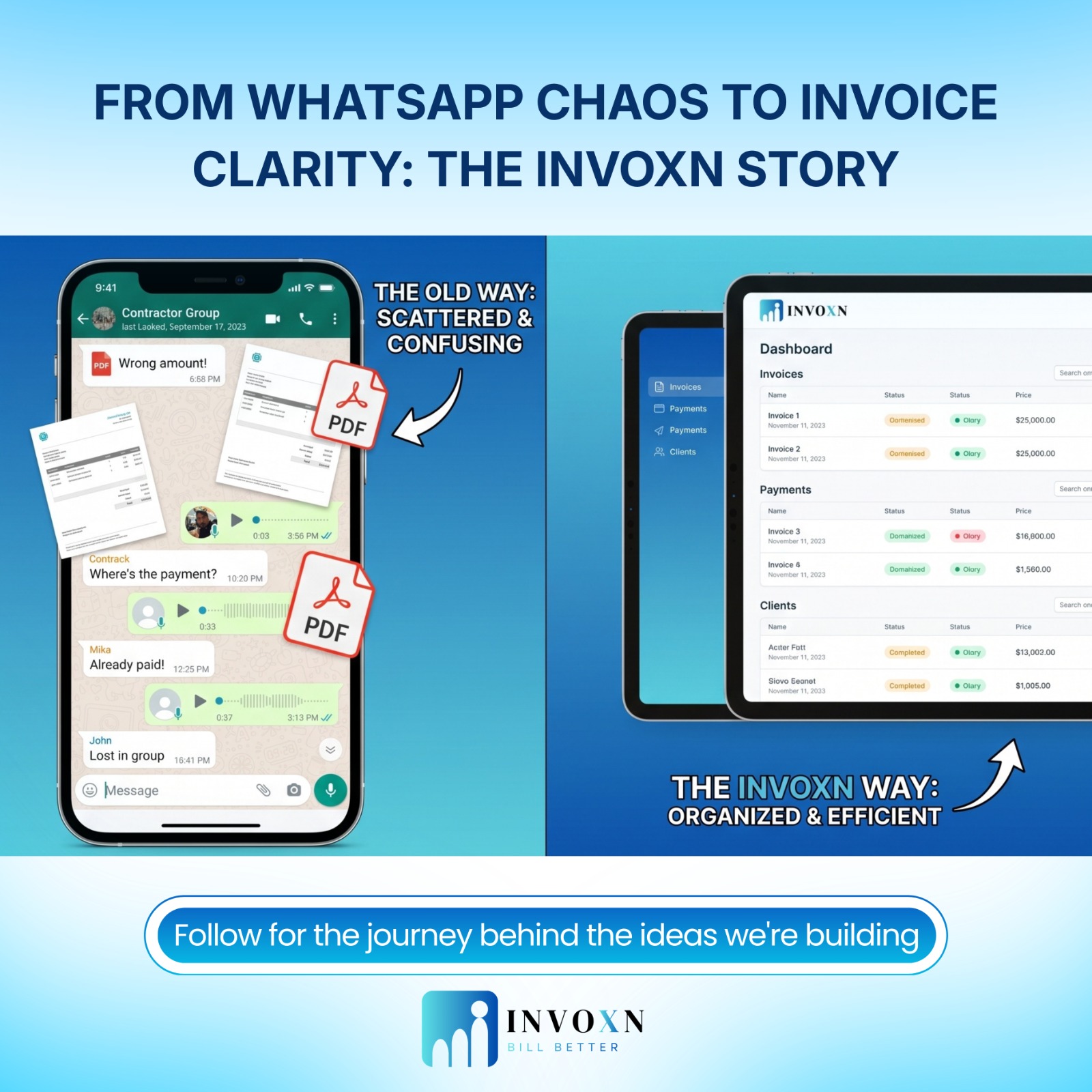 Invoxn dashboard — organized invoices vs WhatsApp chaos